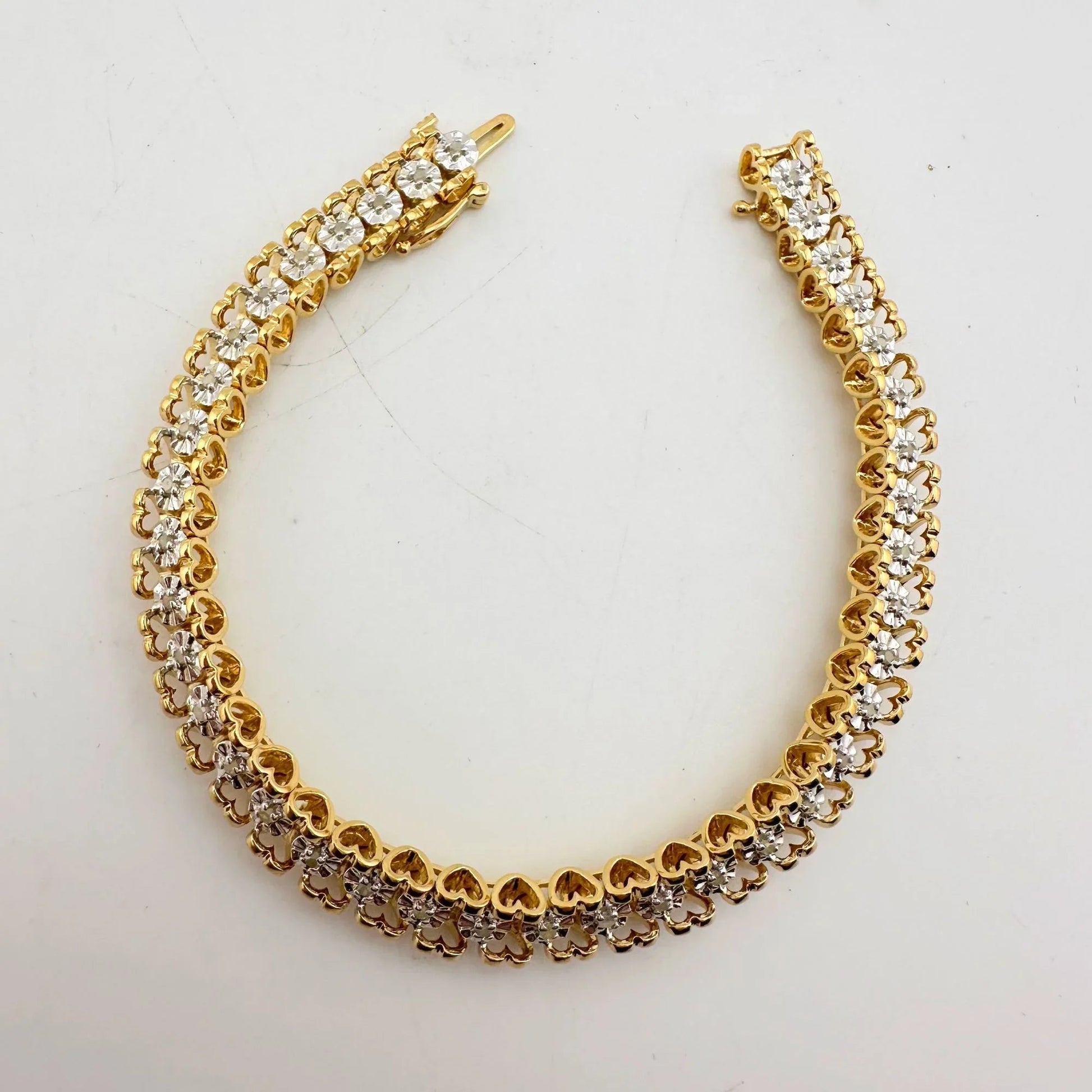 1/2 Carat Diamond Bracelet w Heart Pattern on Side 14kt Gold Overlay Sterling - A+ Stuff