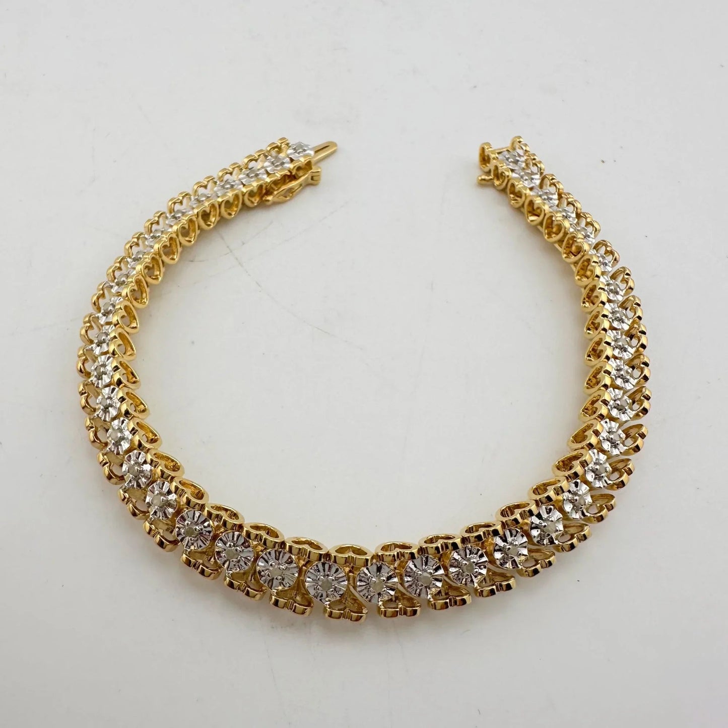 1/2 Carat Diamond Bracelet w Heart Pattern on Side 14kt Gold Overlay Sterling - A+ Stuff