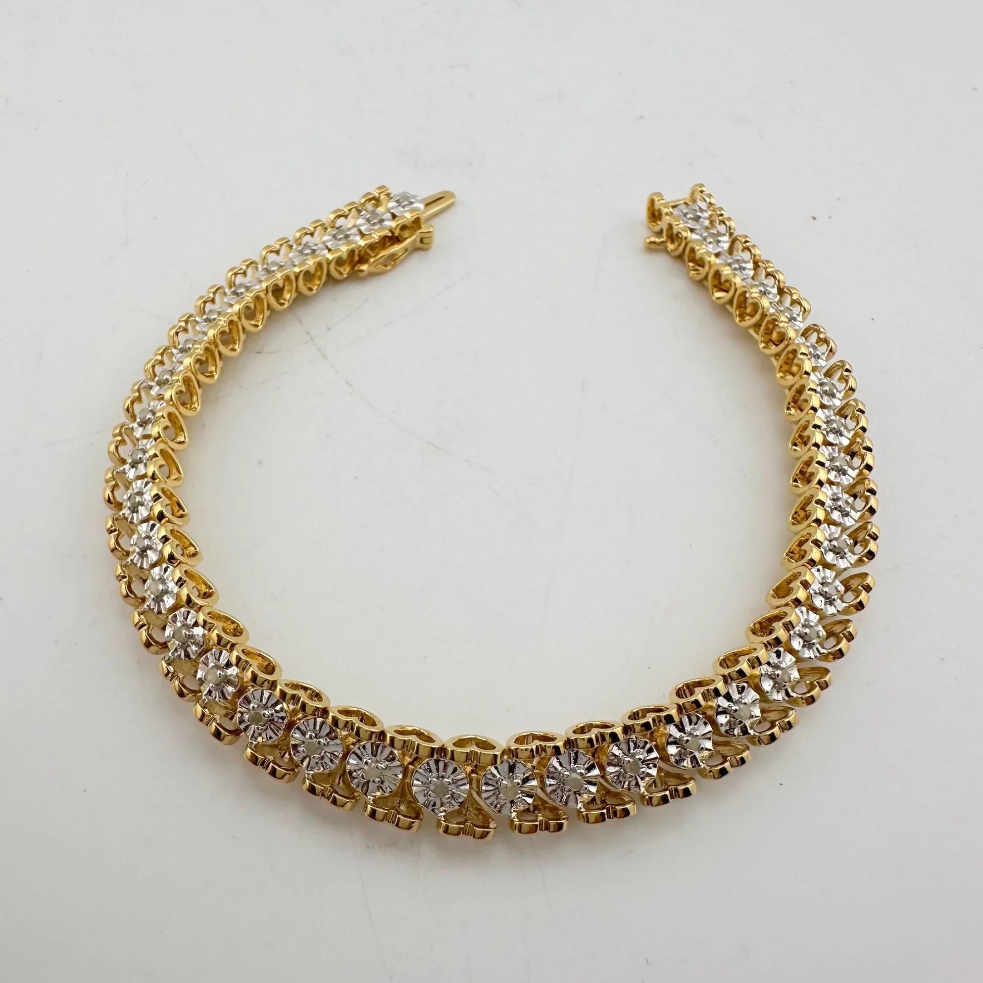 1/2 Carat Diamond Bracelet w Heart Pattern on Side 14kt Gold Overlay Sterling - A+ Stuff