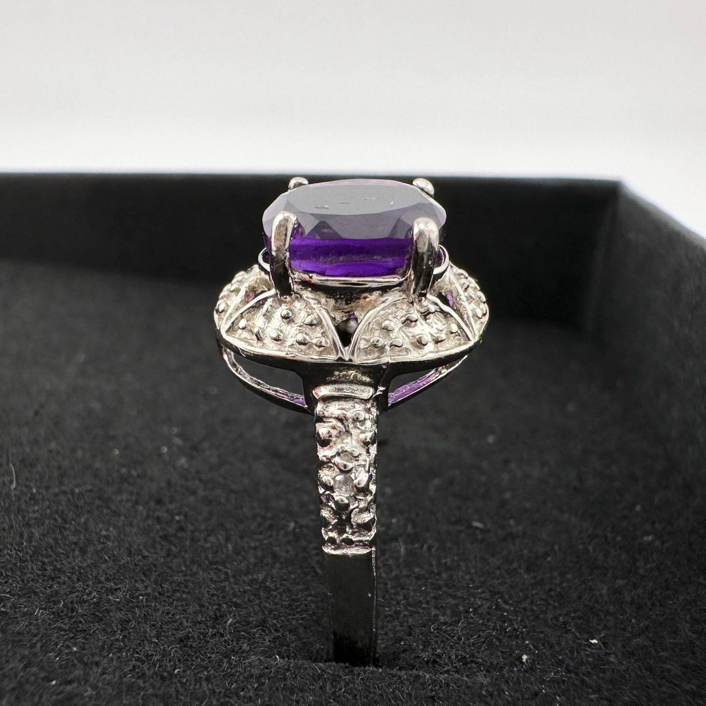 Beautiful Dark Purple Amethyst and Diamond Accent Ring - Sterling Silver Size 7.25