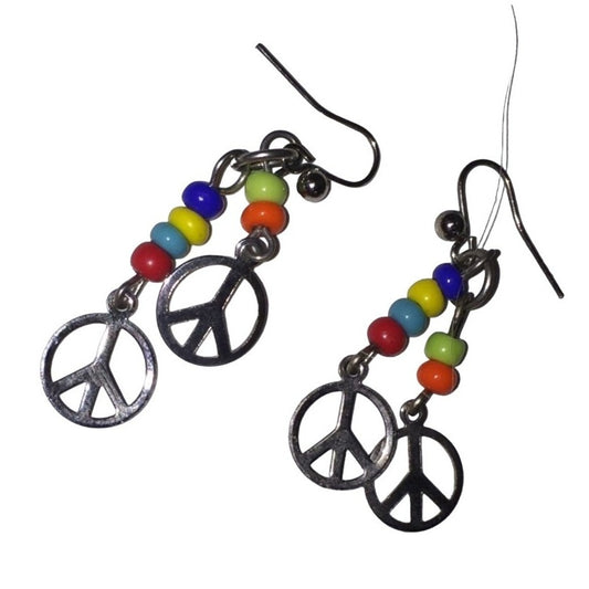 Vintage Silver Tone Womens/Girls Colorful Peace Sign Beaded Dangly Earrings