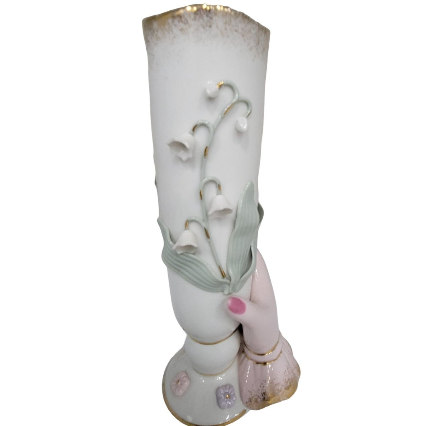 Porcelain Hand holding tall Vase with 3d Bell Shaped Flowers - Gold Accents Mid-century Believed to be Lefton