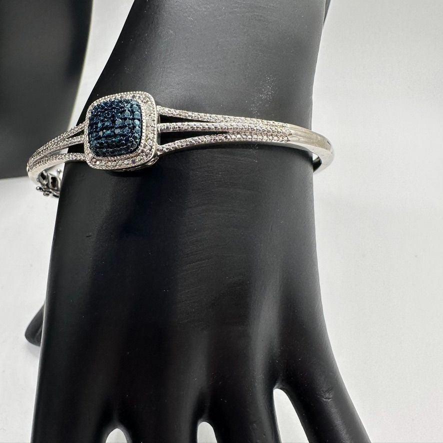 Cushion Cut Blue Diamond Accent Cuff Bracelet - Rhodium Overlay Brass - Beautiful Setting