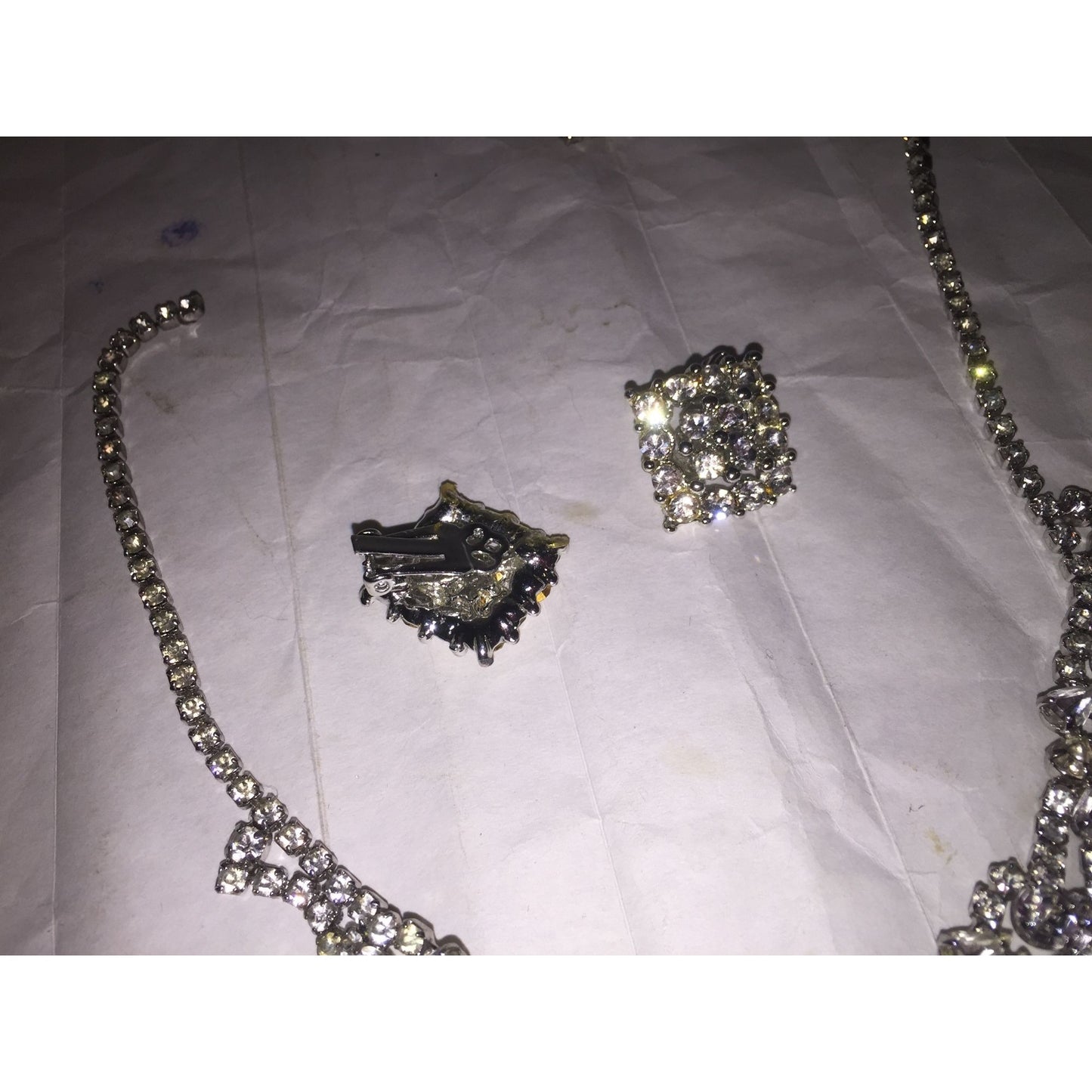 Womens Sparkly Rhinestone Necklace and Matching Clamp/Clip On Squared Earrings