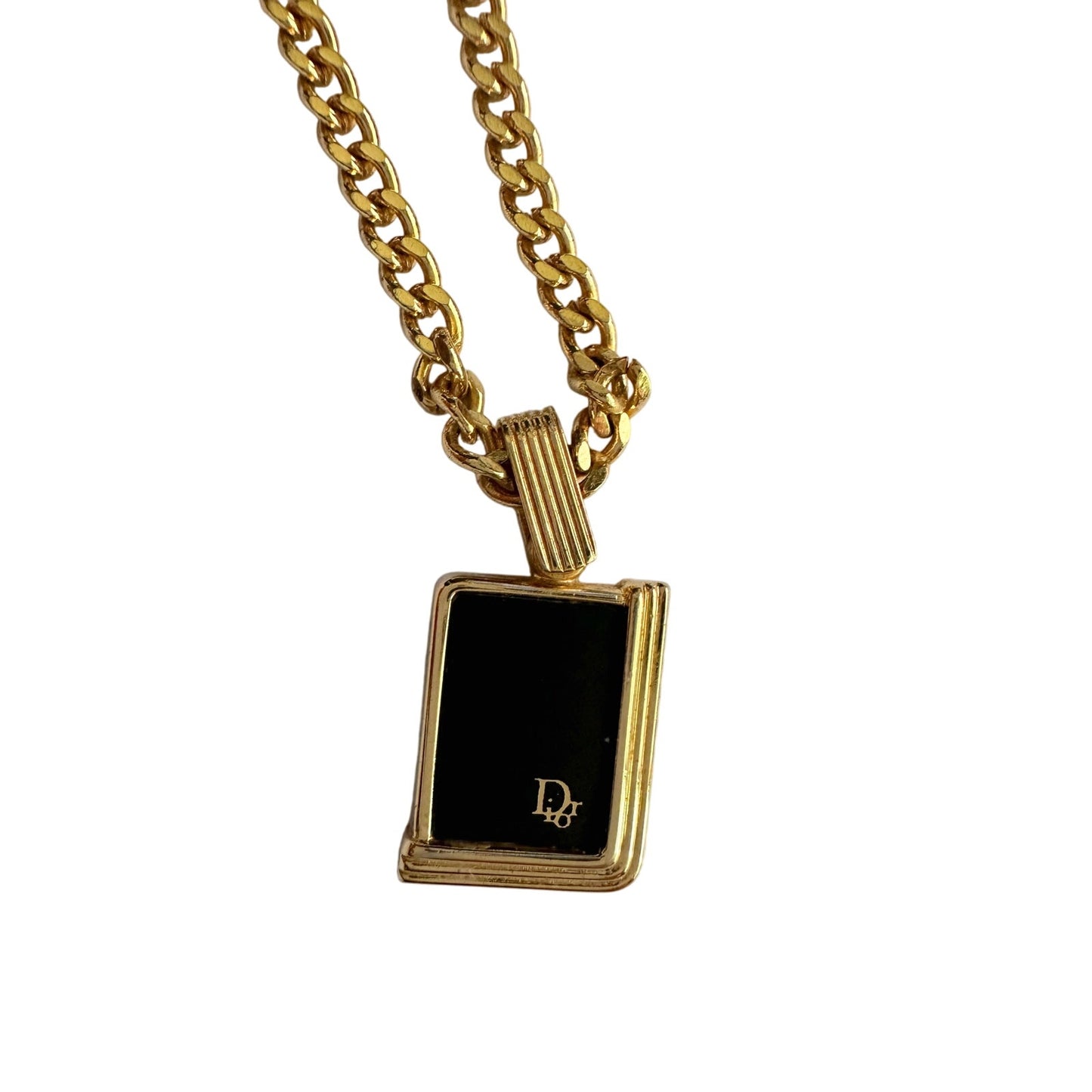 Christian Dior Black Logo Plate Necklace Gold Plated