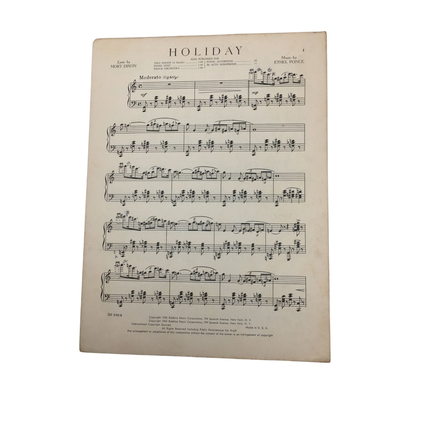 ''HOLIDAY'' Sheet Music by Mort Dixon and Ethel Ponce