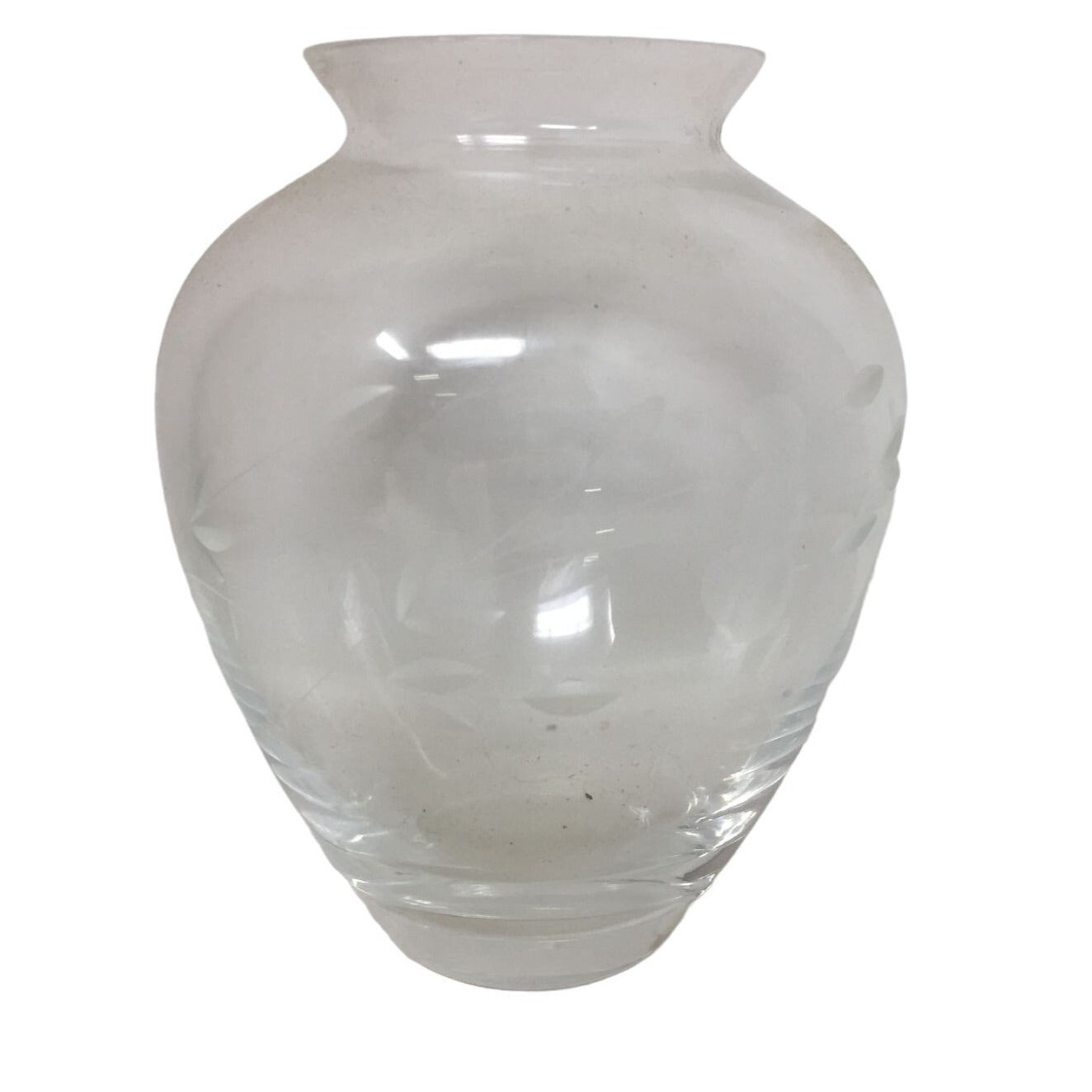 Short Wide Clear Glass Vase with Flower Pattern Around It