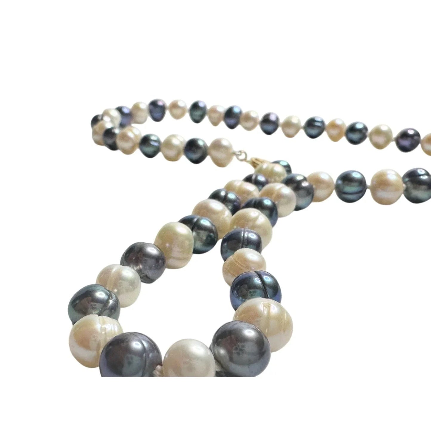 14kt Gold Hand Knotted 7mm Peacock Black (Bluish) & White Pearl Necklace 17" - Unbranded - A+ Stuff