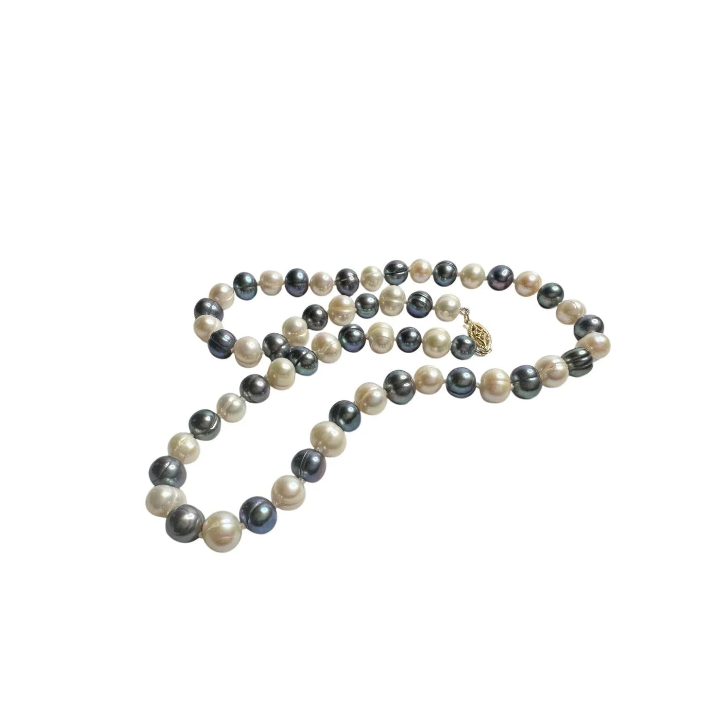 14kt Gold Hand Knotted 7mm Peacock Black (Bluish) & White Pearl Necklace 17" - Unbranded - A+ Stuff