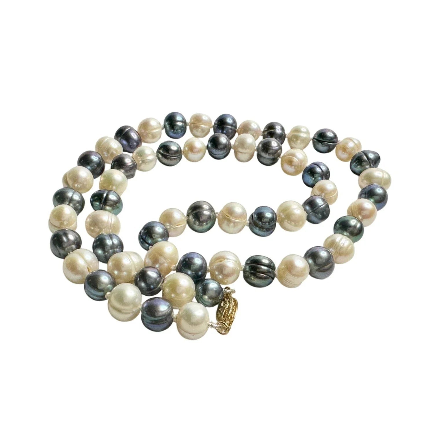 14kt Gold Hand Knotted 7mm Peacock Black (Bluish) & White Pearl Necklace 17" - Unbranded - A+ Stuff