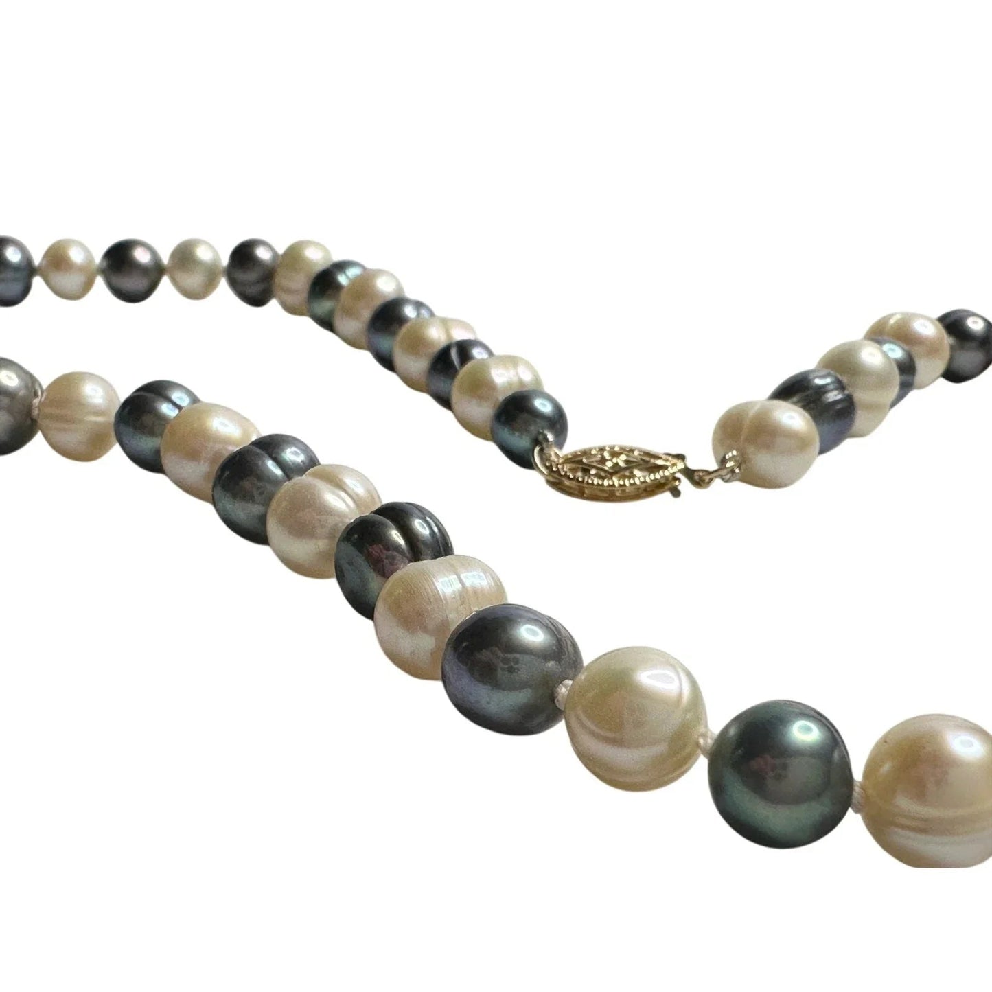 14kt Gold Hand Knotted 7mm Peacock Black (Bluish) & White Pearl Necklace 17" - Unbranded - A+ Stuff