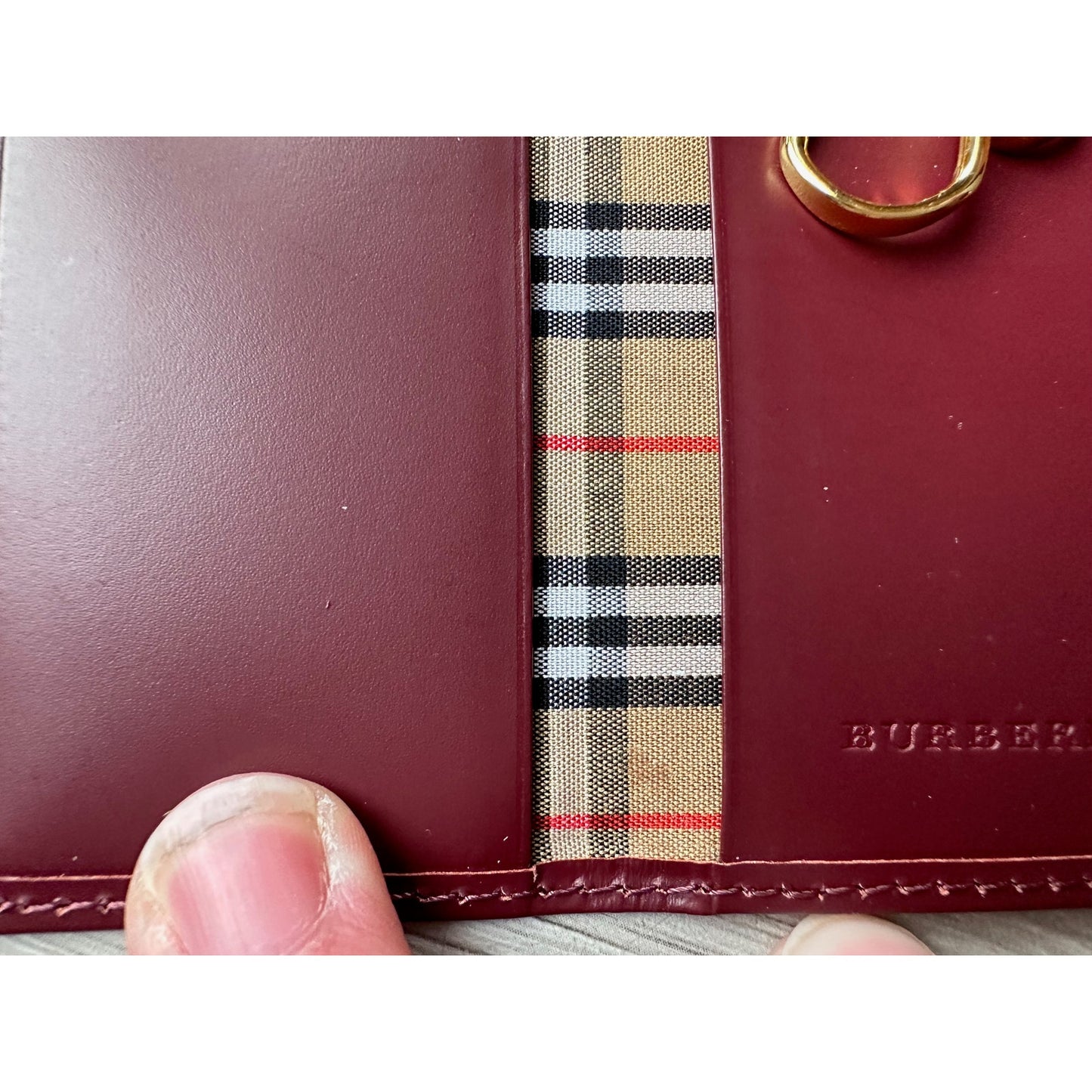 Burberry Burgundy Leather Key  Holder with Nova Check Accents