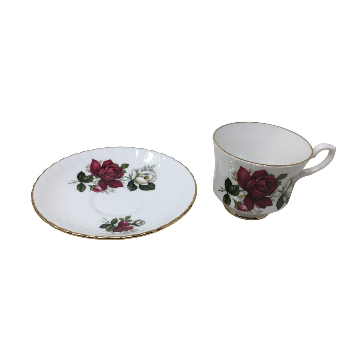 Royal Stafford Bone China Tea Cup and Saucer Set Gold Rimmed with Roses Printed on Each