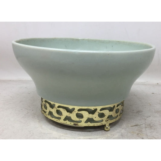 Vintage 7" Ceramic Light Green/Gold Metal Footed Bowl