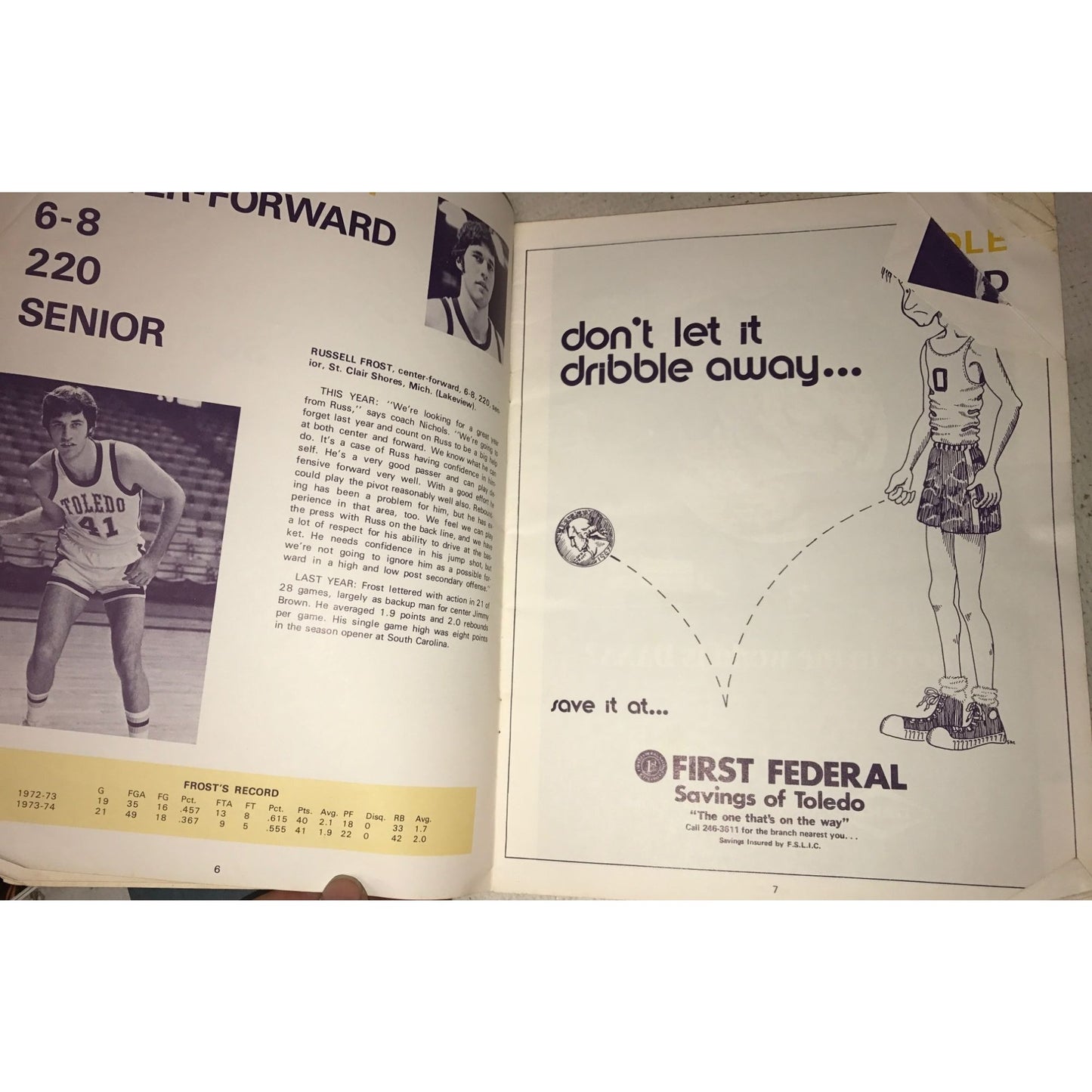 The University of Toledo (UT) 1974 Vintage Basketball Paperback Yearbook/Program