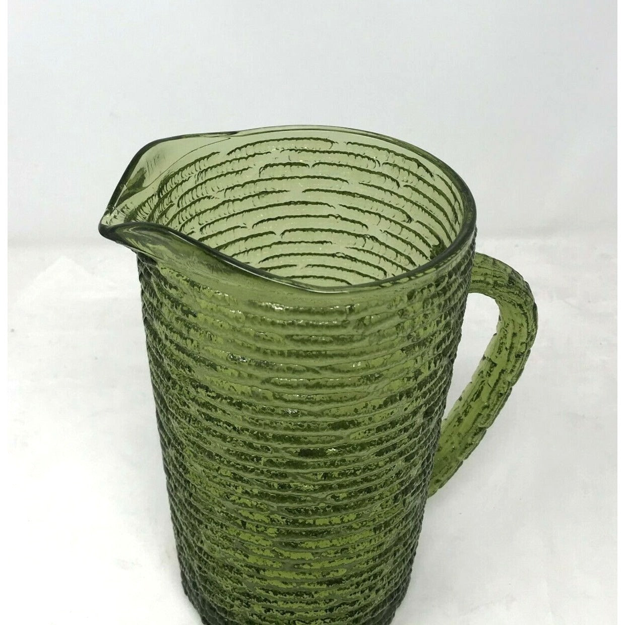 Vintage Ridged Olive Green Glass Pitcher  6.5" H  Pretty Design - 1970s-1980s