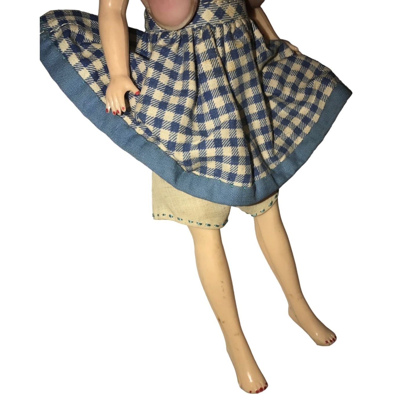 Vintage 1960s Doll Blonde Hair/Blue Eyes, Wearing Blue/White Plaid Dress (8.5 inches tall)