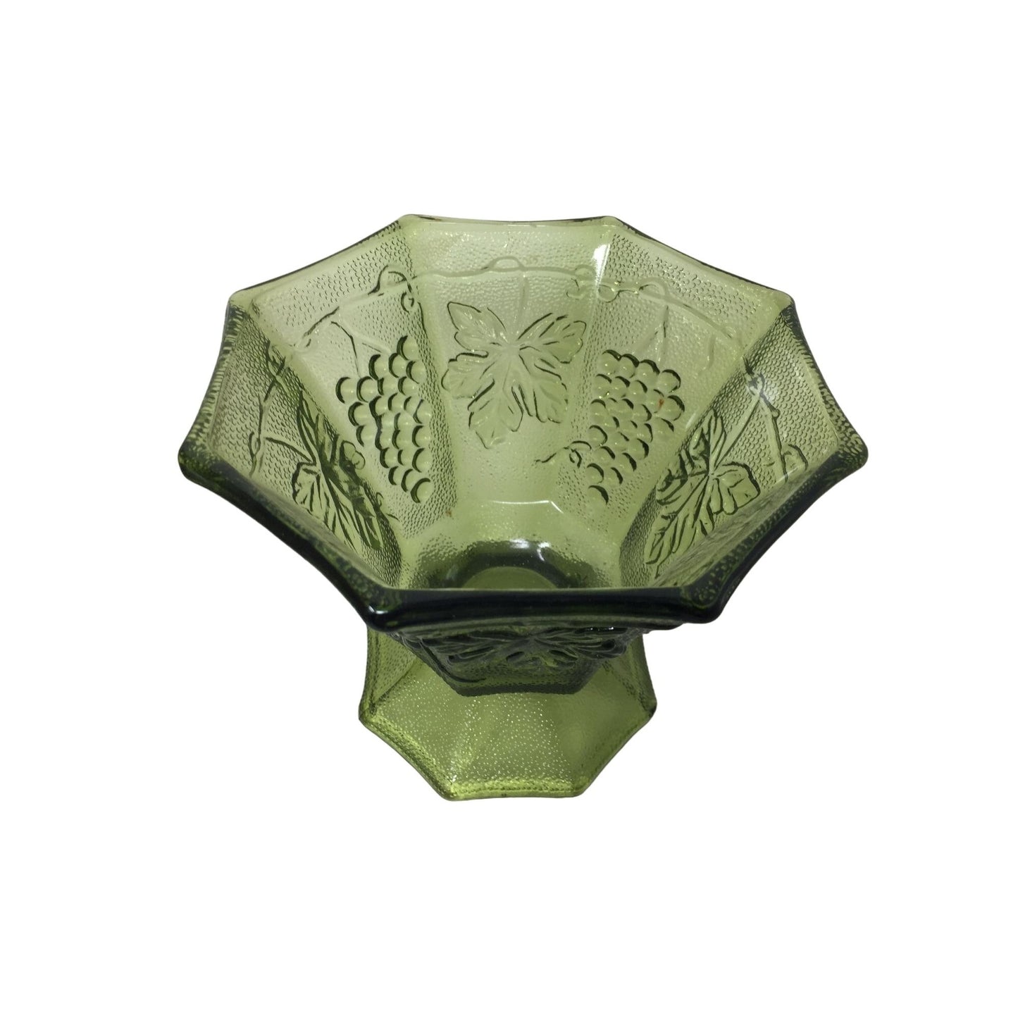 Anchor Hocking Green Glass Candy Dish and Vase With Grapes and Leaves