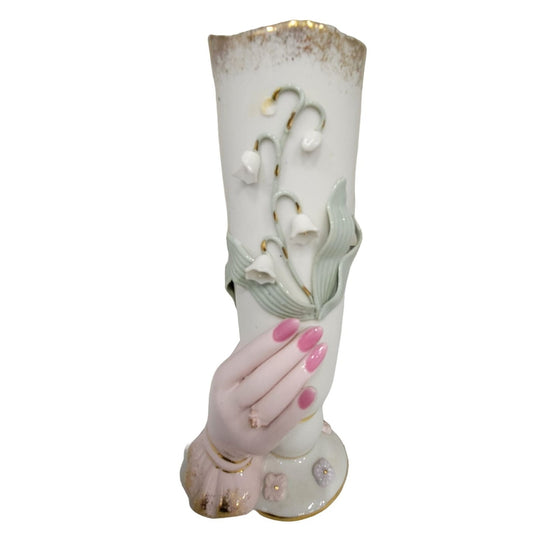 Porcelain Hand holding tall Vase with 3d Bell Shaped Flowers - Gold Accents Mid-century Believed to be Lefton