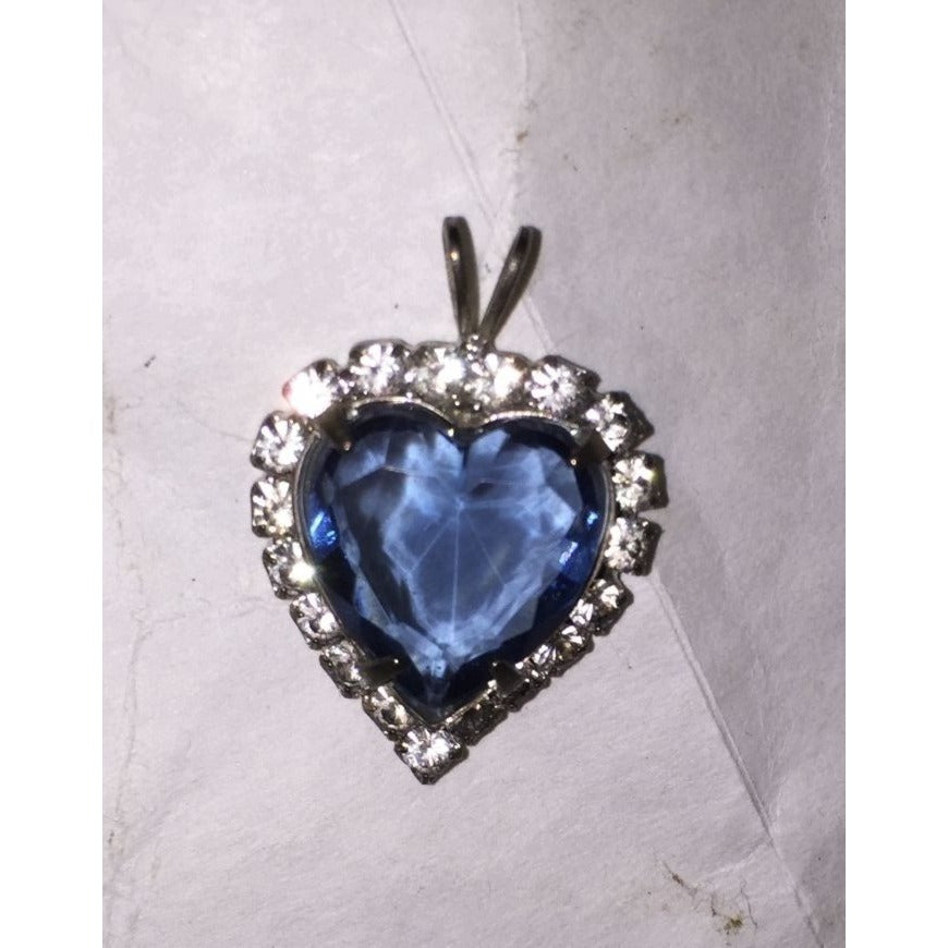 Womens Necklace Pendant with Blue Heart Rhinestone and Clear Rhinestones around it