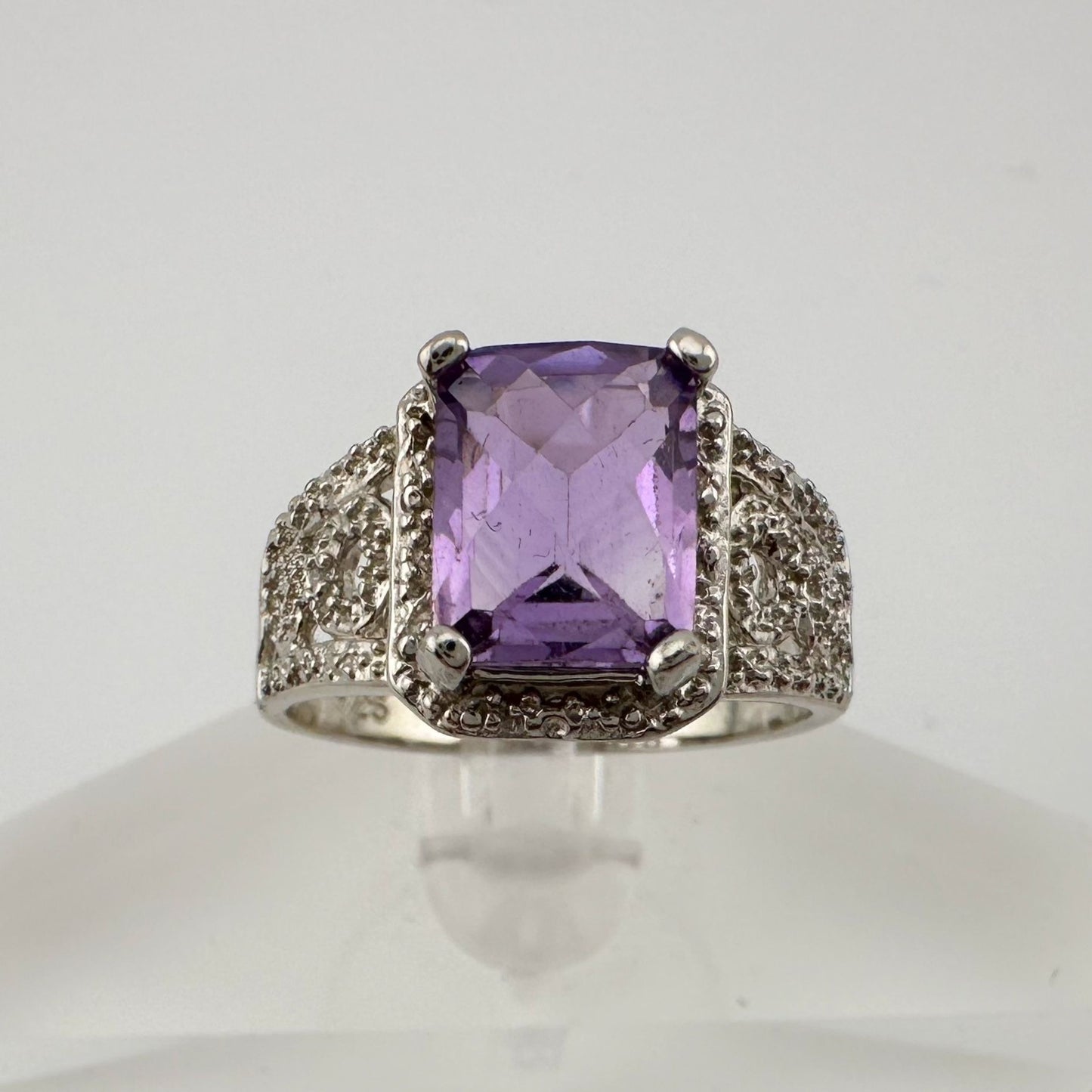 Beautiful Emerald Cut 2.25 Carat Amethyst Ring - Sterling w Diamond Accent Size 8