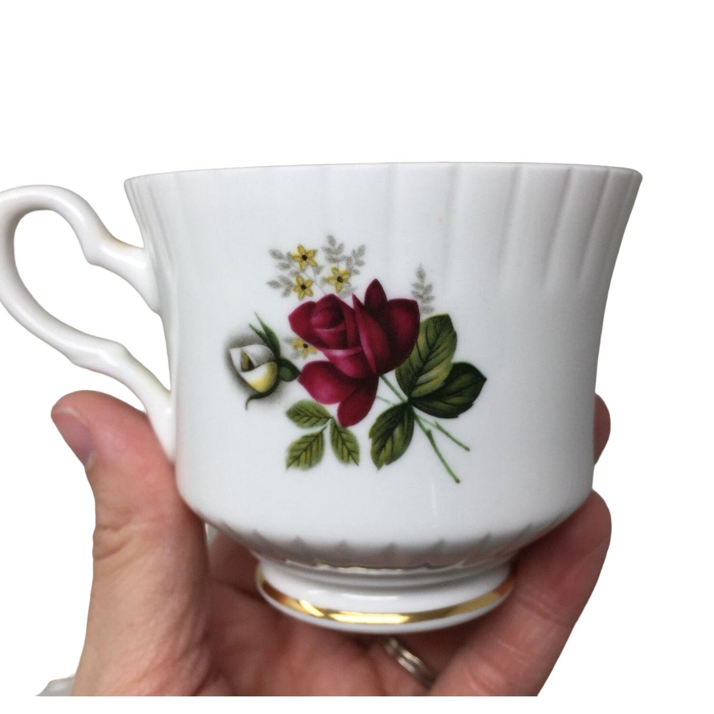 Royal Stafford Bone China Tea Cup and Saucer Set Gold Rimmed with Roses Printed on Each