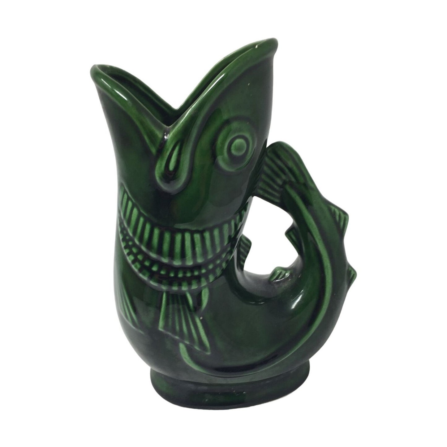 Vintage Green Ceramic Fish Pitcher/Vase- Made In Japan (about 7'' tall)