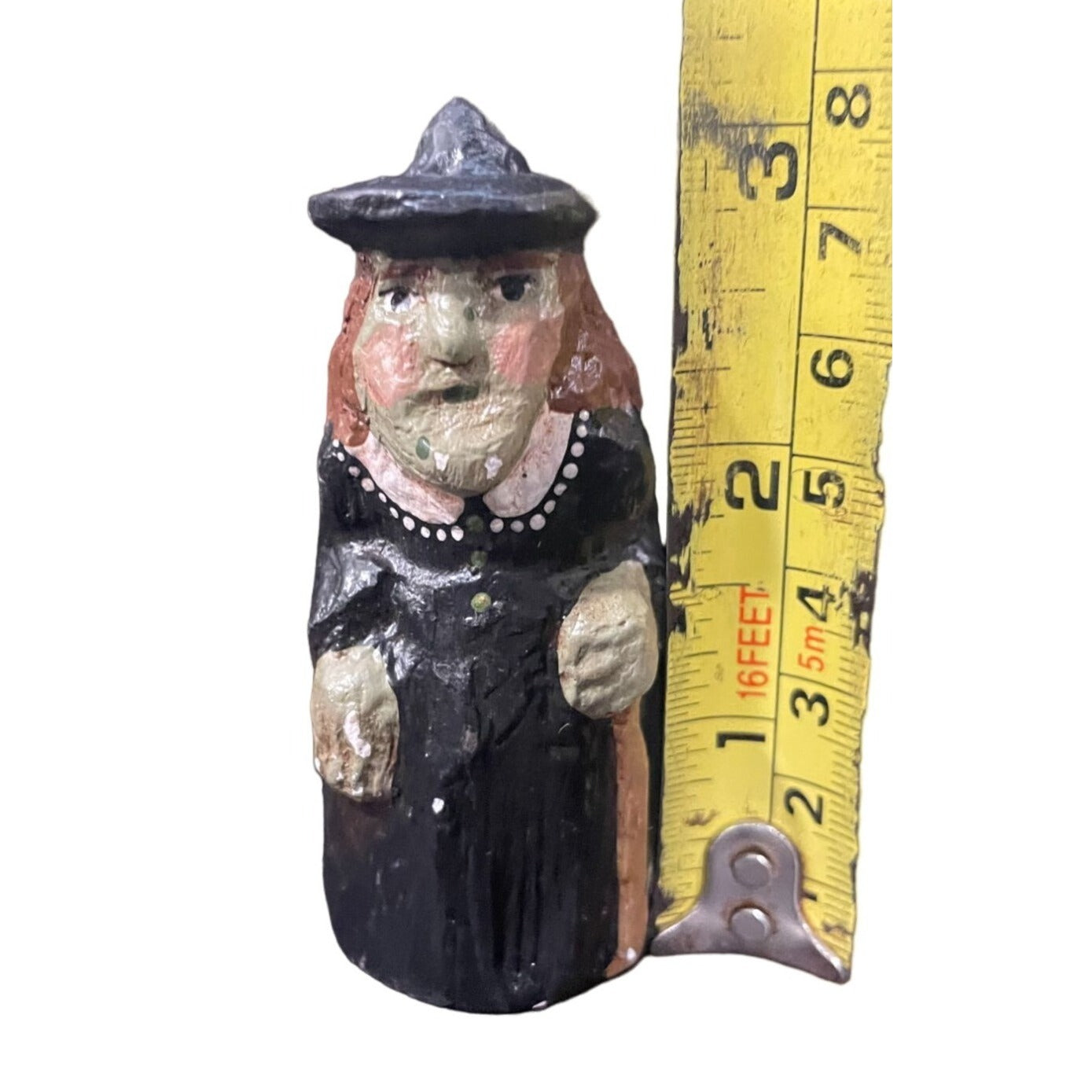 Small Miniature 3" Hand Carved Witch Figurine holding a Broom Stick, Wearing a Hat