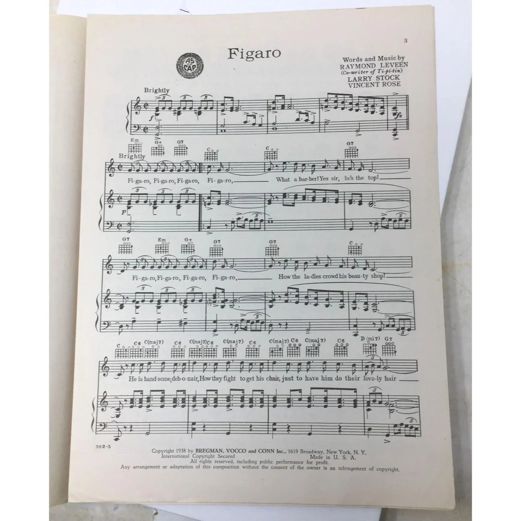 1938 Vintage Sheet Music for the song "FIGARO" - unbranded - SHEET MUSIC - A+ Stuff