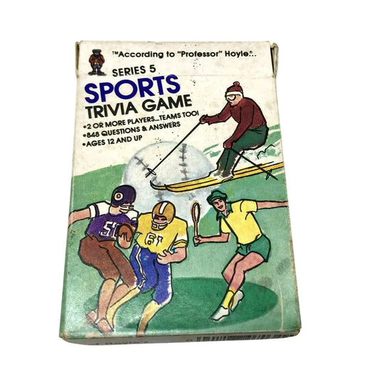 Vintage Series 5 Sports Trivia Game box with illustrated athletes playing football, baseball, tennis, and skiing.