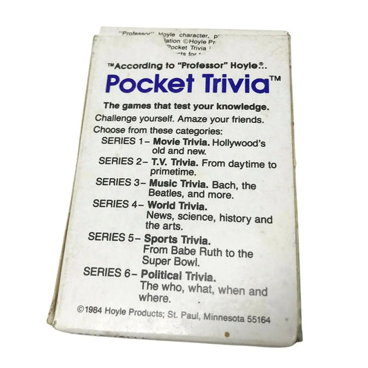 Vintage Pocket Trivia game box with categories for movie, TV, music, world, sports, political trivia.