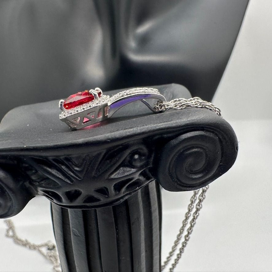 4.10 Carat Emerald Cut Ruby Designer Pendant - Sterling Silver Setting & Chain - Beautiful Filagree Detailing