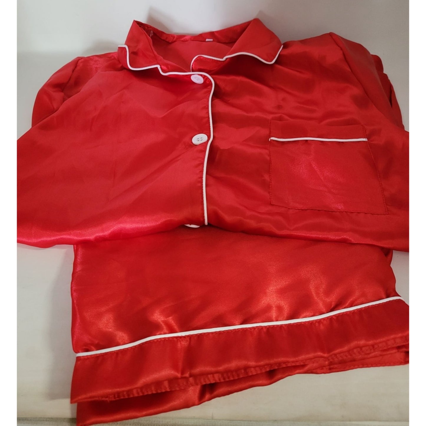 Red Satin Pajamas with White Piping and Buttons - Size XL Extra Large