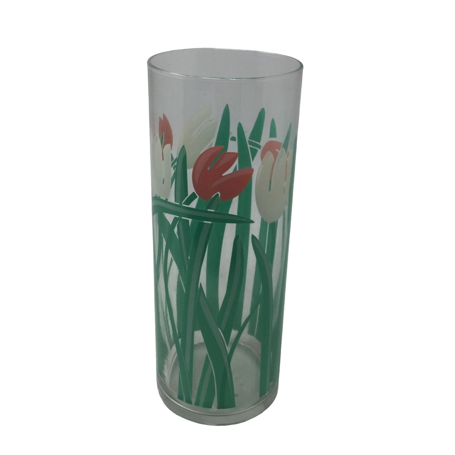 Tall Clear Glass Flower Vase with Pink & White Tulips on it