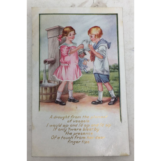 Vintage Antique Girl/Doll Give Boy a Drink Collectible Postcard