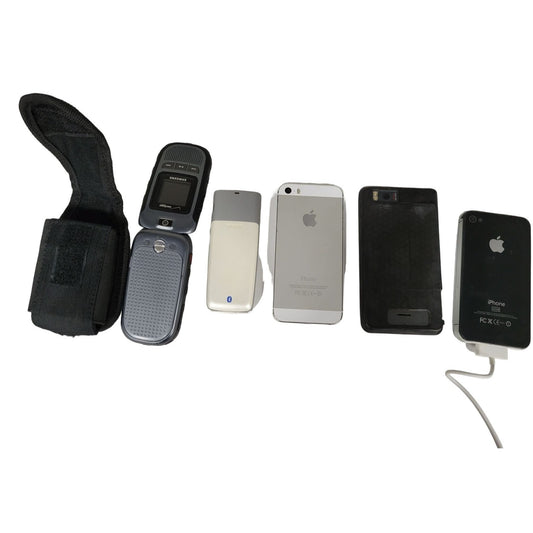 Five Phones and 1 Phone holder- 1 Samsung Flip phone from Verizon, 1 NOKIA phone, 1 Motorola Phone, 2 iPhones