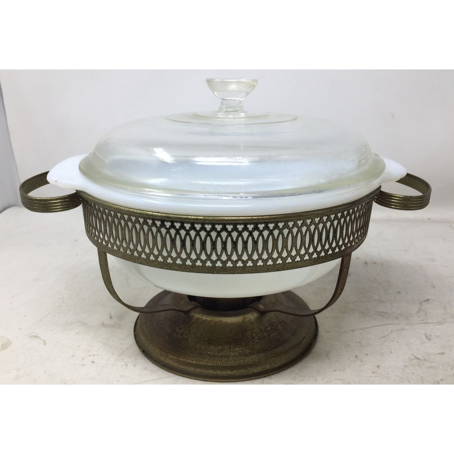 Vintage Chafing Warming Stand and Lid with Pyrex Milk Glass Casserole Dish