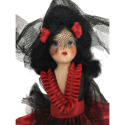 Vintage Collectible Spanish Dancer Doll Black Hair, Blue Eyes Wearing Red/Black Dress - Beautiful!