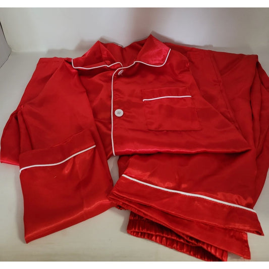 Red Satin Pajamas with White Piping and Buttons - Size Medium