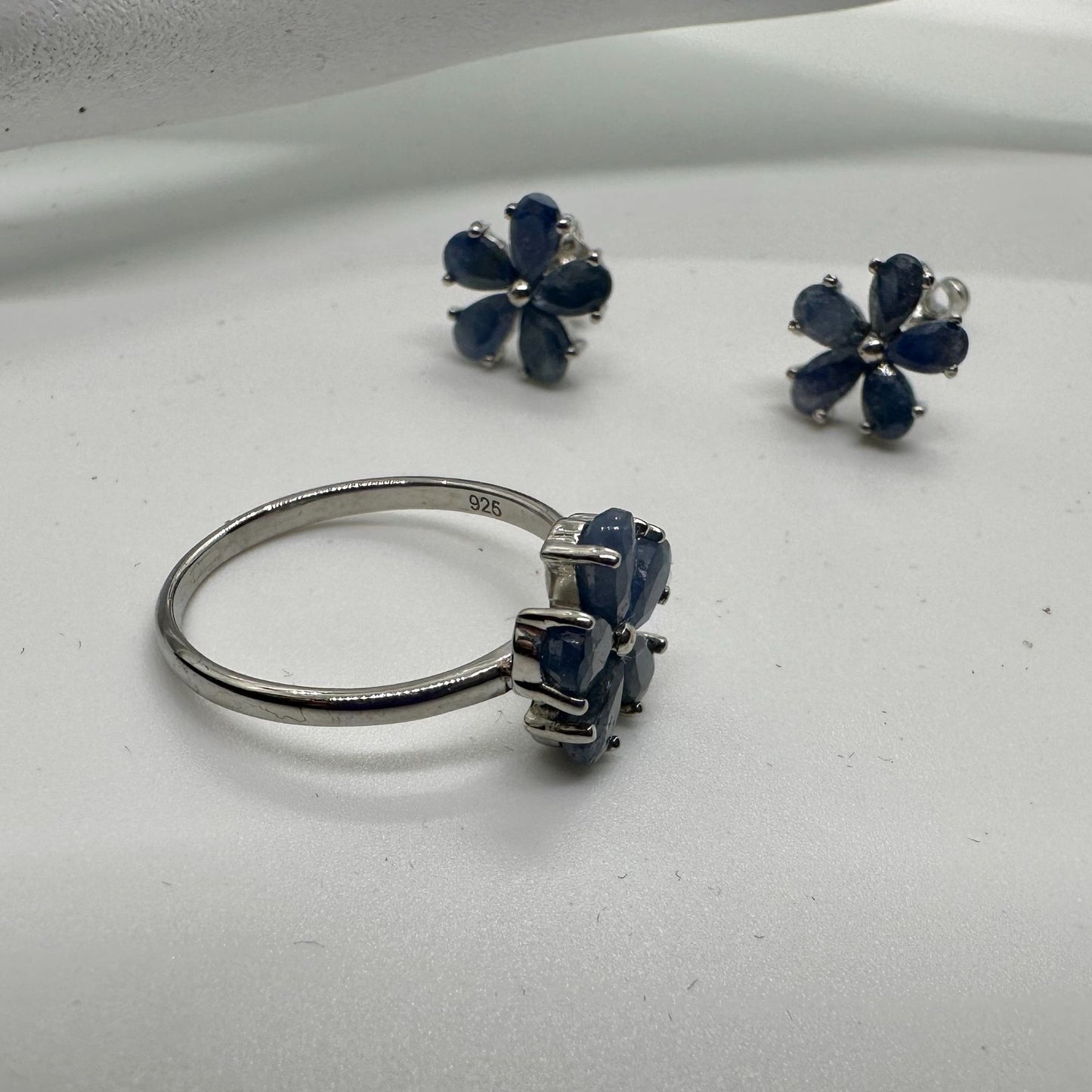 Simple & Sweet - Sapphire Flower Jewelry Set - Dinner Ring and Stud Earrings