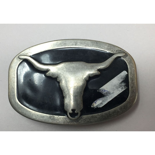 Vintage Mens Metal Belt Buckle Silver/Black with Longhorn on it