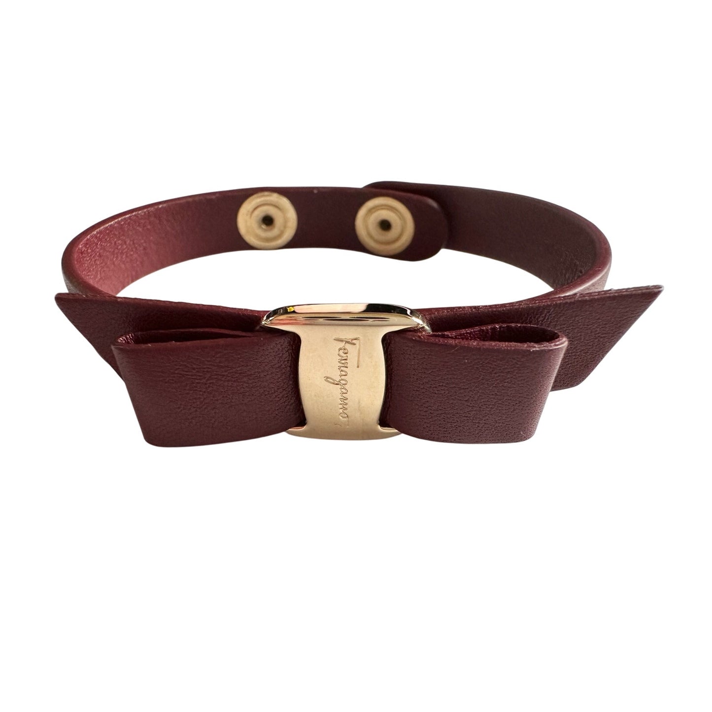 Salvatore Ferragamo Aubergine Leather Vara Bow Bracelet Deep Reddish Brown