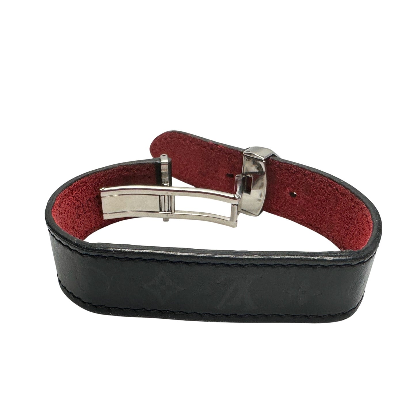 Louis Vuitton (LV) Black Leather Monogram Wish Bracelet with Red Leather on Inverse