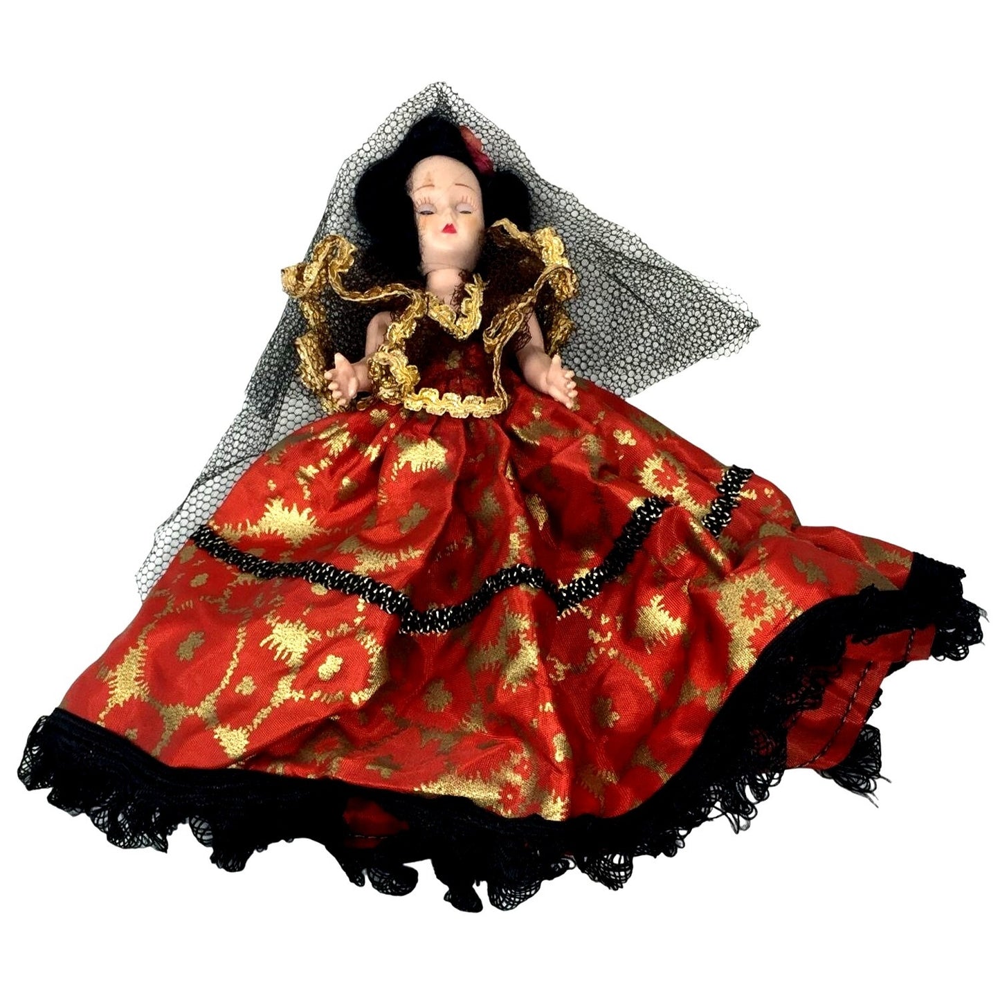 Black Haired Doll in Red and Gold Dress - Cultural Fashion Doll - Beautiful!