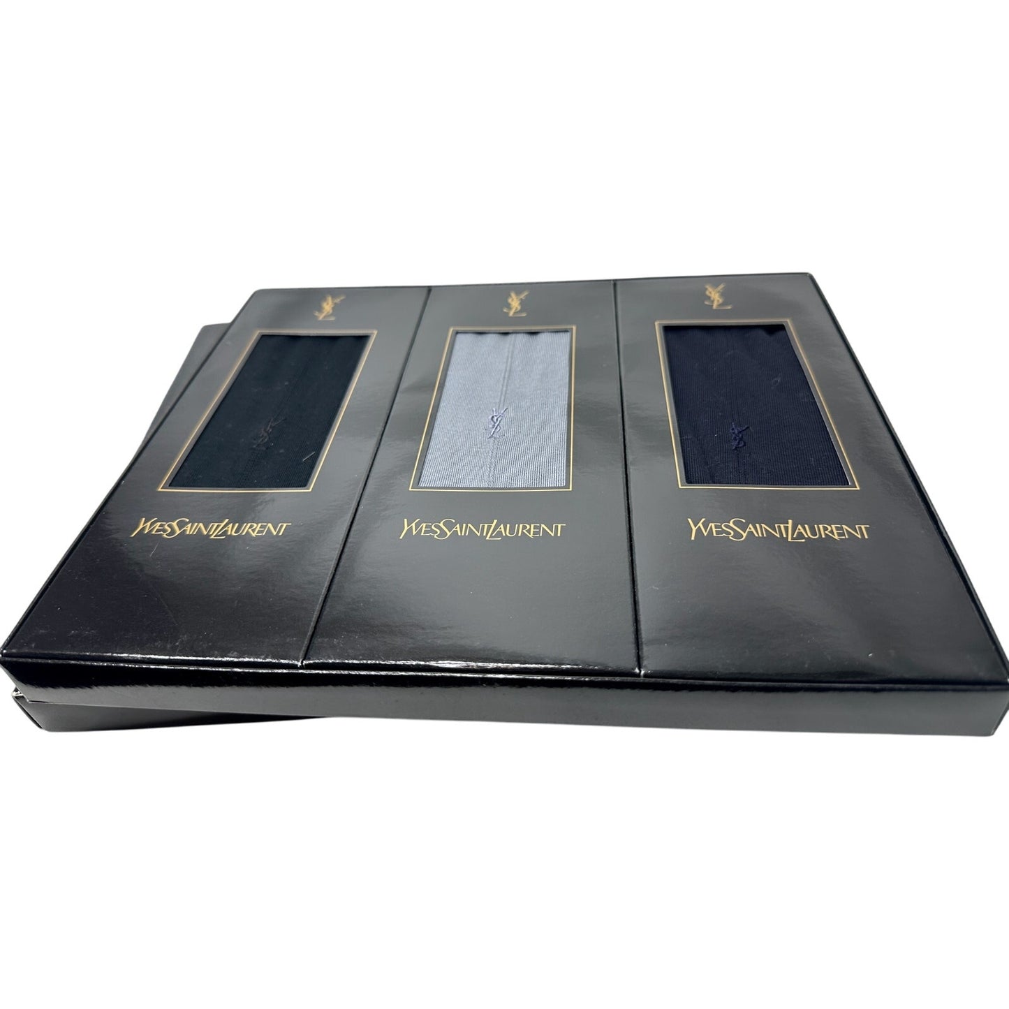 Yves Saint Laurent (YSL) Dress Socks Gift Set (Blue, Gray, Black)