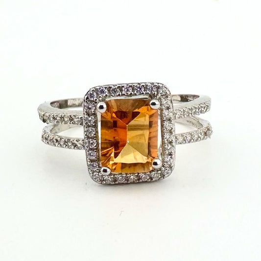 Radiant Cut Golden Citrine Gemstone Halo Set Surrounded with Diamond Accent - Sterling Silver