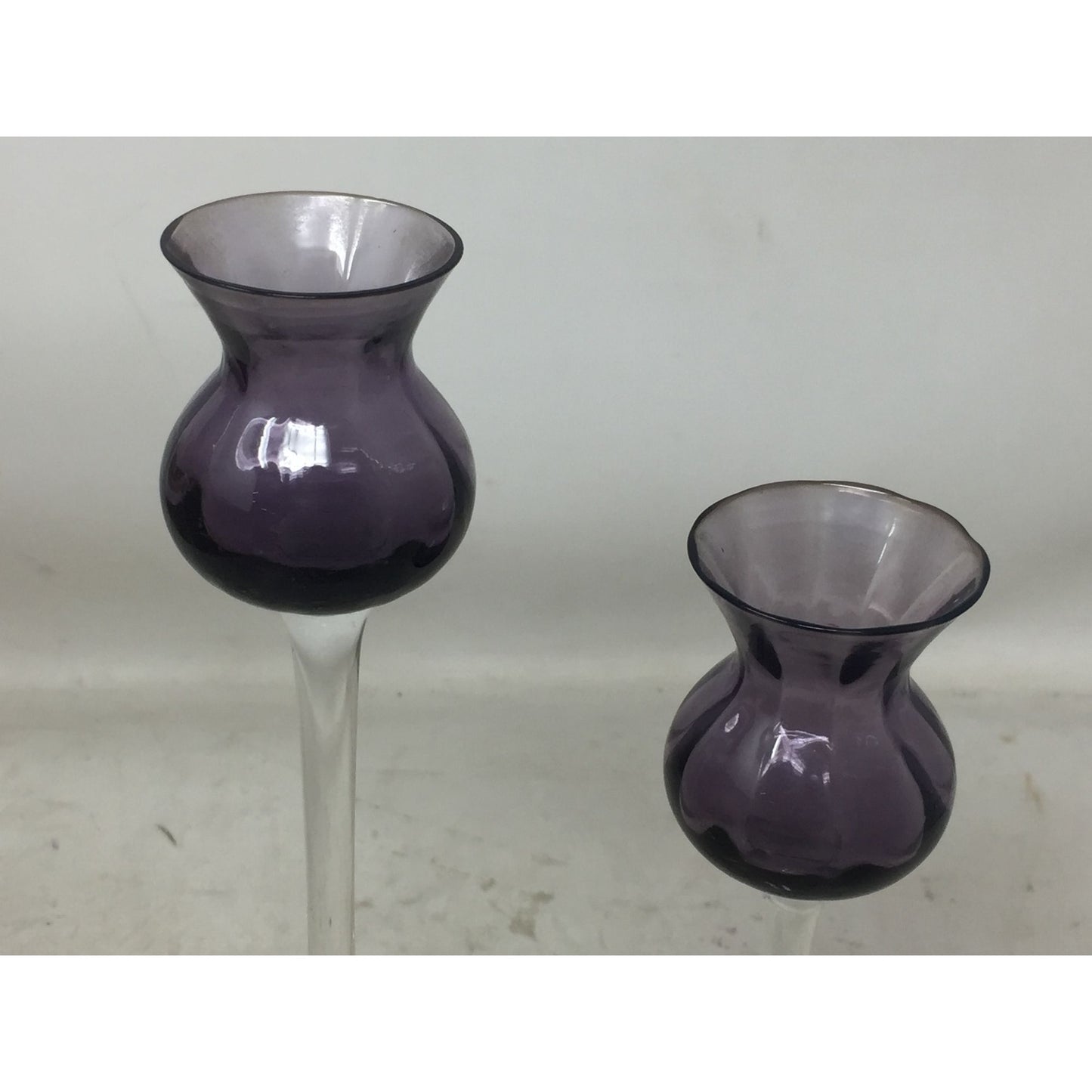 Vintage Set of 3 Tall Hand Blown Crystal Glass Purple/Clear Vases/candle holders Hovmantorp Sweden