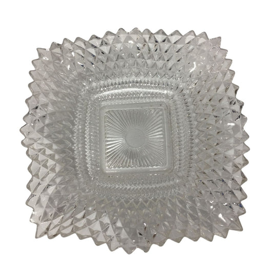 Vintage Indiana Glass Co Diamond Cut Design Square Dish w/ ruffled Edges