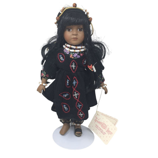 Native American/Indian Collectible Doll Black Braided Hair & Black Patterned Dress