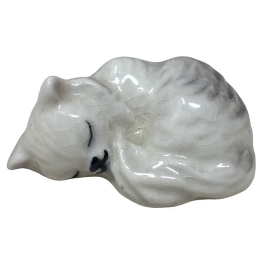 Small Miniature Gray and White Cat/Kitten Curled Up and Sleeping Figurine